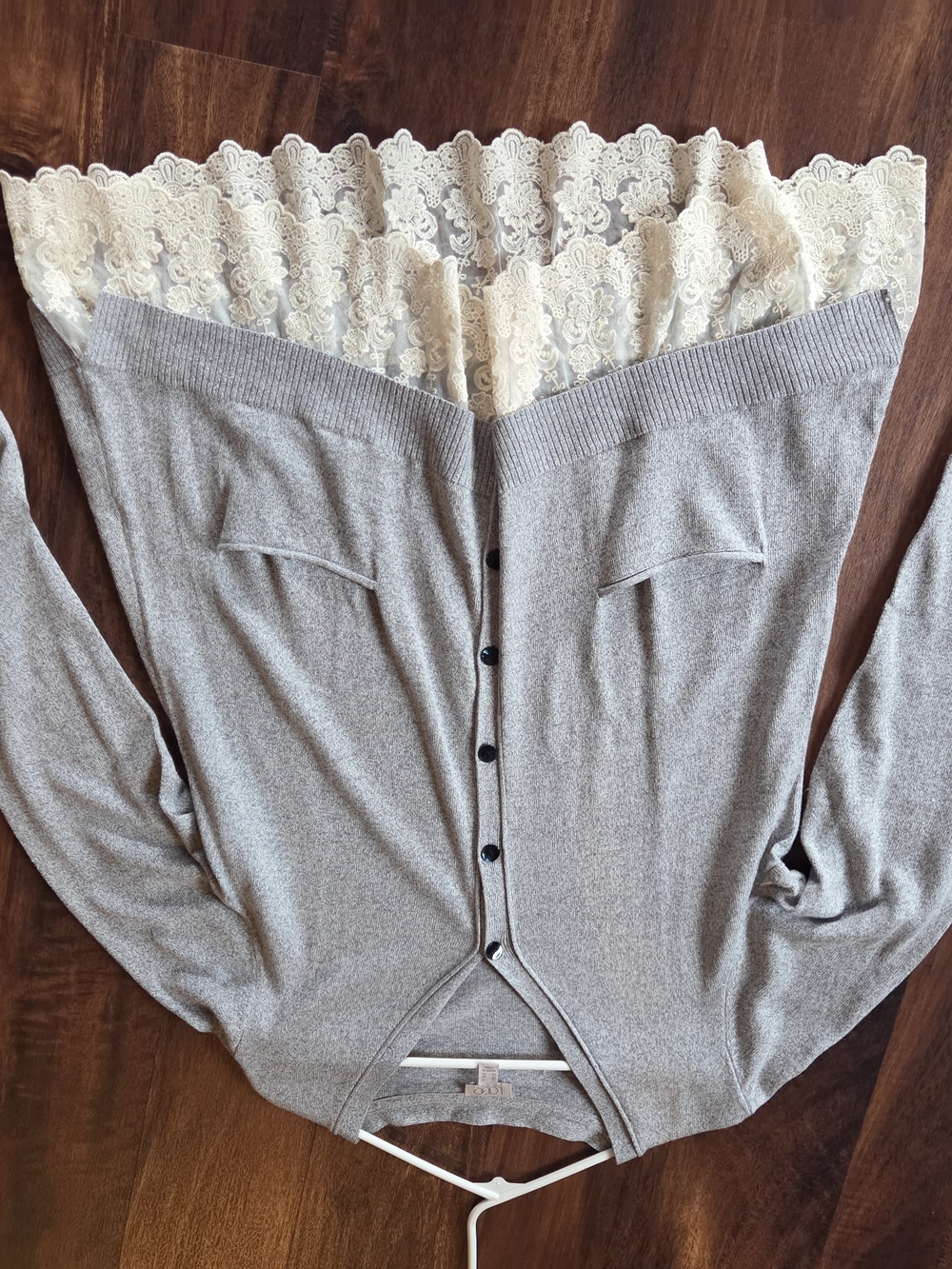 Womens size large boutique blouse with lace trim in grey LOGO brand
